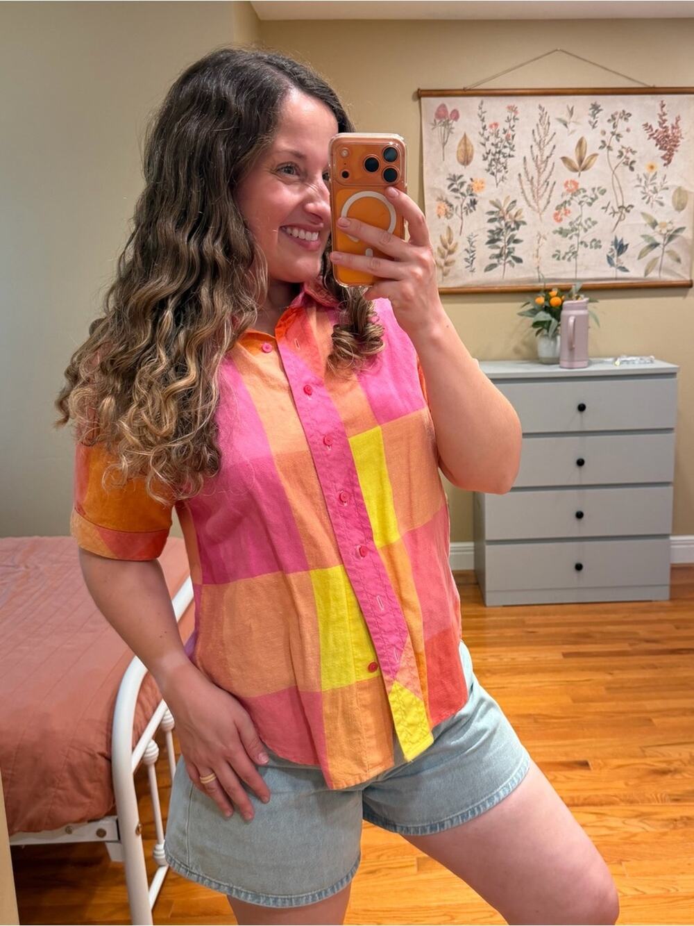 Vintage Liz Claiborne Colorblock Cotton Button-Up Shirt - Pink & Yellow Large